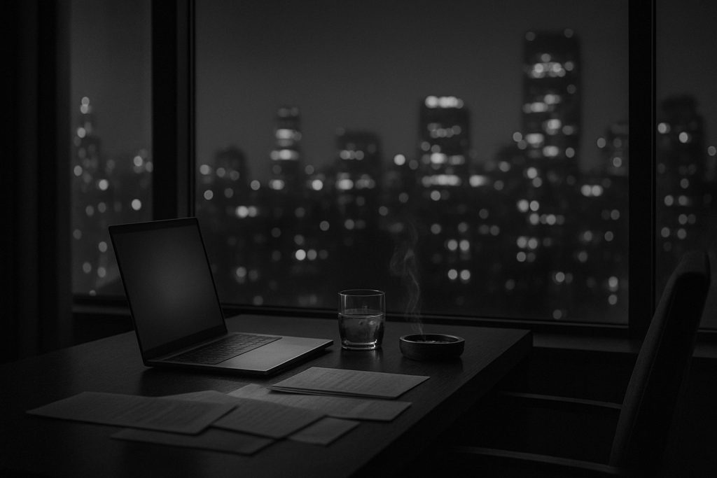 不動産投資のスクールに行こうか悩みながらの夜景にノートPCの風景